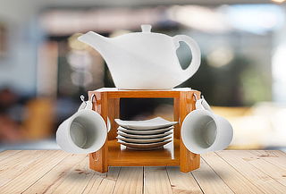 Juego 6 tazas café c/ platillo y  tetera con atril de madera