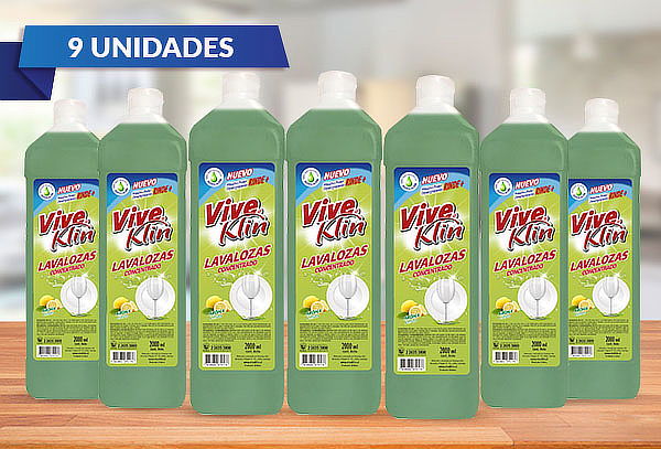 Pack de 9 Botellas de Lavaloza Viveklin Limón 2 Lts  