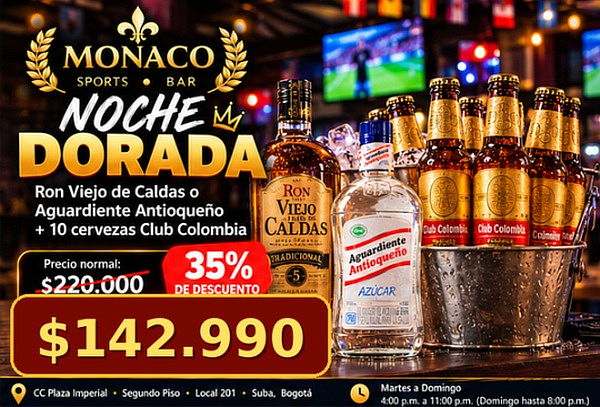 Noche Dorada: Botella + 10 Club Colombia por $142.990