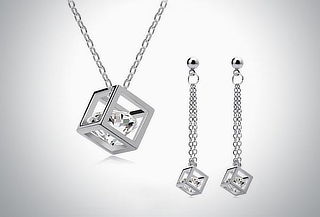 Set de collar + aretes "Glass Silver" con cristales 