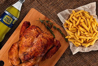 1 Pollo a la leña+Papas Fritas+Bebida. Para Salón ó Llevar